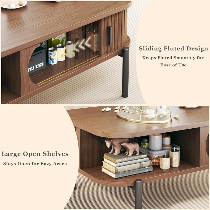 Coffee Table, 39.4" Fluted Coffee Table for Living Room, Mid Century Modern Table with Sliding Cabinet Door 2-Tier Rustic Wood Desktop with Storage Open Shelf, Walnut