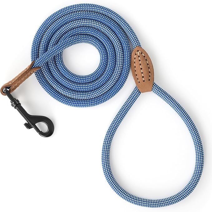 Mile High Life Small Dog Leash, Thin Rope Leash with Genuine Leather Connection and Heavy Duty Metal Clasp, Great for Small Medium Dogs(Blue White,60 Inch-1/3)