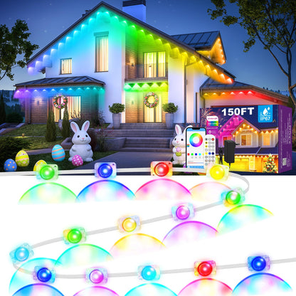 MUCCCUTE Permanent Outdoor Lights for Easter150ft RGB + IC Eaves Lights with App & Remote Control, Outdoor String LED IP67 Waterproof for Holidays New Year July 4th Roof Eaves House Garden Decor