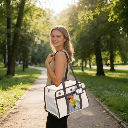 Sanmoncare Stylish Bird Carrier with PU Leather Handle, Portable Travel Cage for Cockatiels & Conures, Lightweight Parrot Bag with Stainless Steel Tray, Vet Visit, White