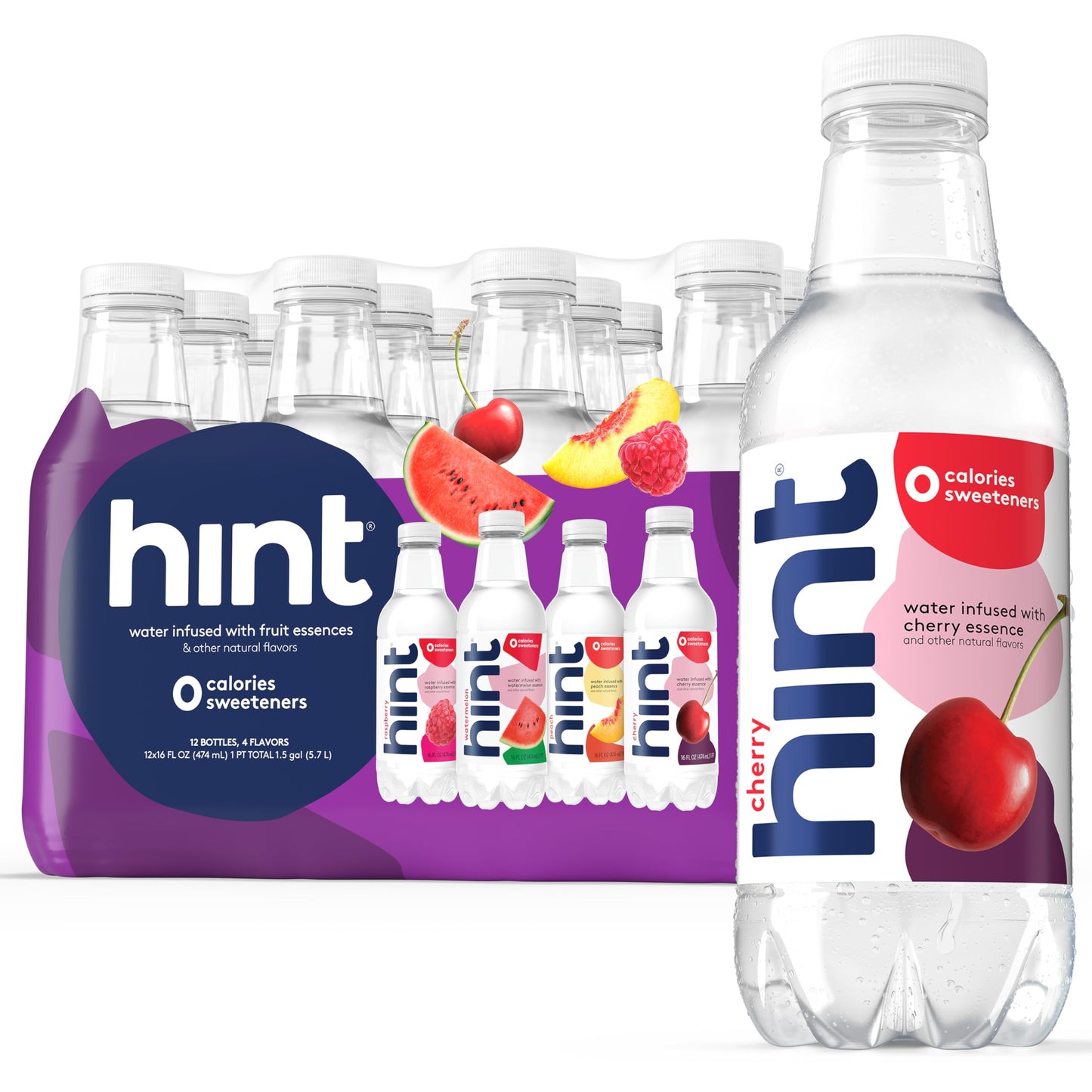 Hint Water Purple Variety Pack (Pack of 12), 16 Ounce Bottles, 3 Bottles Each of: Raspberry, Watermelon, Cherry, and Peach, Zero Calories, Zero Sugar and Zero Sweeteners