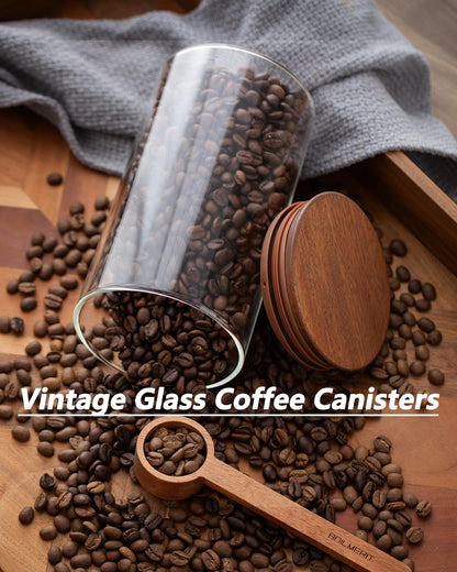 BOILMERIT 37 oz Coffee Canister with Scoop and Wooden Lids, Airtight Storage Container Sets of 2 for Ground Coffee & Beans, Glass Jars for Coffee Bar Organizer, Kitchen Countertop