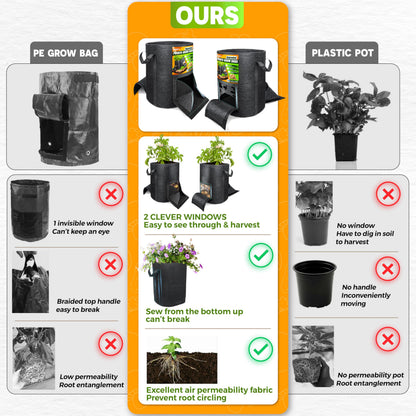[Upgraded] 4Pcs 15 Gallon Potato Grow Bags with Unique Harvest Window & Visible Window, Non-Woven Planter Pot with Sturdy Handle, Potato Growing Container, Plant Garden Bags to Grow Vegetables, Tomato