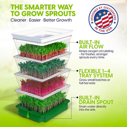 ZESTIGREENS 4-Tier Sprouting Kit - Stackable Seed Sprouter Trays with Drain Spout - Grow Fresh Sprouts at Home - BPA-Free