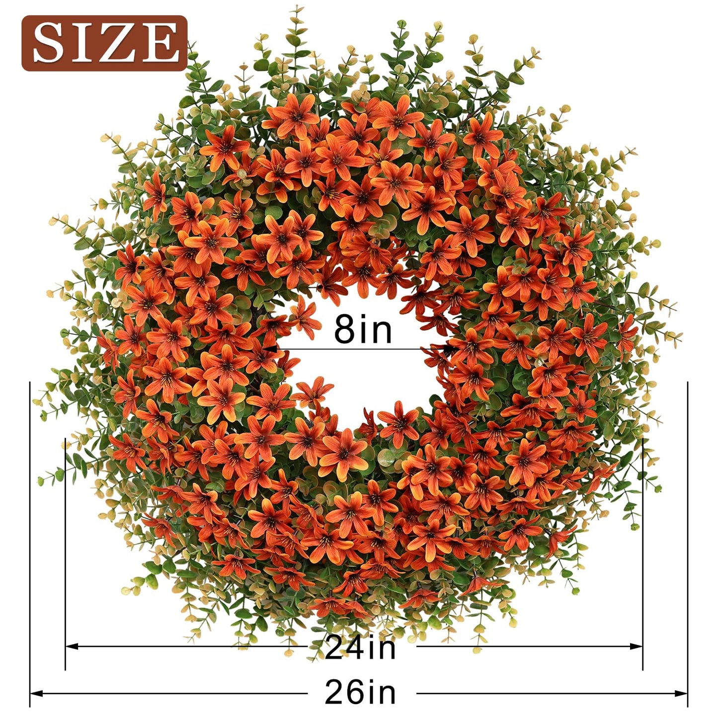 26" Fall Wreath for Front Door, Porch, Window - Large Artificial Eucalyptus Leaves with Fake Silk Flowers Outdoor Wreath for Home Farmhouse Harvest Festival Thanksgiving Day Autumn Decor