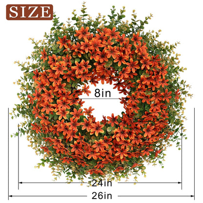 26" Fall Wreath for Front Door, Porch, Window - Large Artificial Eucalyptus Leaves with Fake Silk Flowers Outdoor Wreath for Home Farmhouse Harvest Festival Thanksgiving Day Autumn Decor