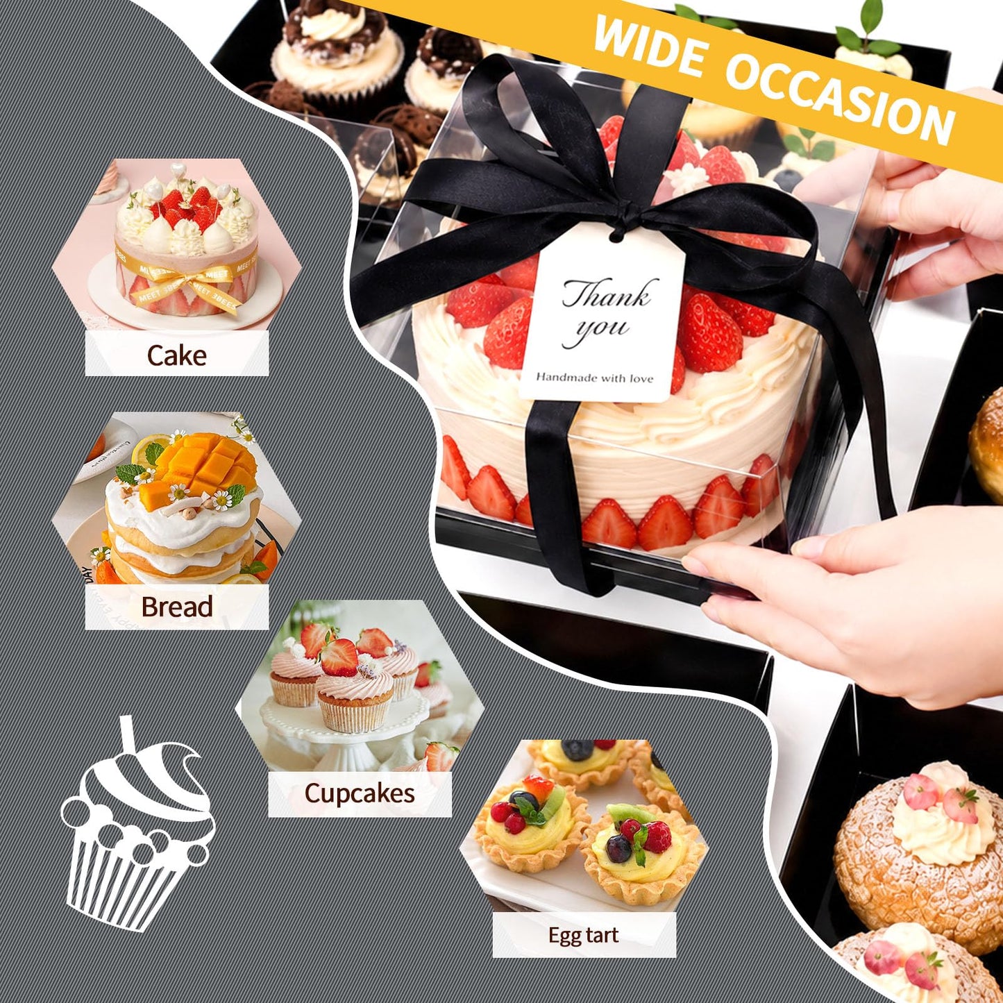 DeziWood 7 x 7 x 4 Inches Paper Cake Boxes with Clear Lids, 50 Pack Black Large Charcuterie Square Food Containers, Halloween Day Disposable Bakery Boxes for 4-6 Inch Bundt Cake, Pie, Dessert