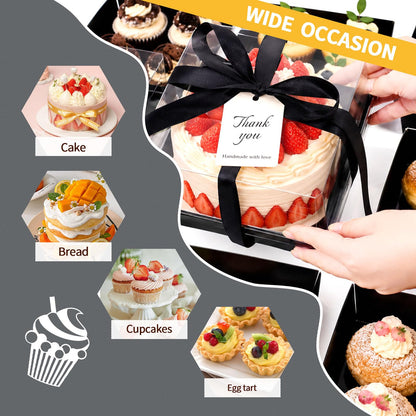 DeziWood 7 x 7 x 4 Inches Paper Cake Boxes with Clear Lids, 50 Pack Black Large Charcuterie Square Food Containers, Halloween Day Disposable Bakery Boxes for 4-6 Inch Bundt Cake, Pie, Dessert