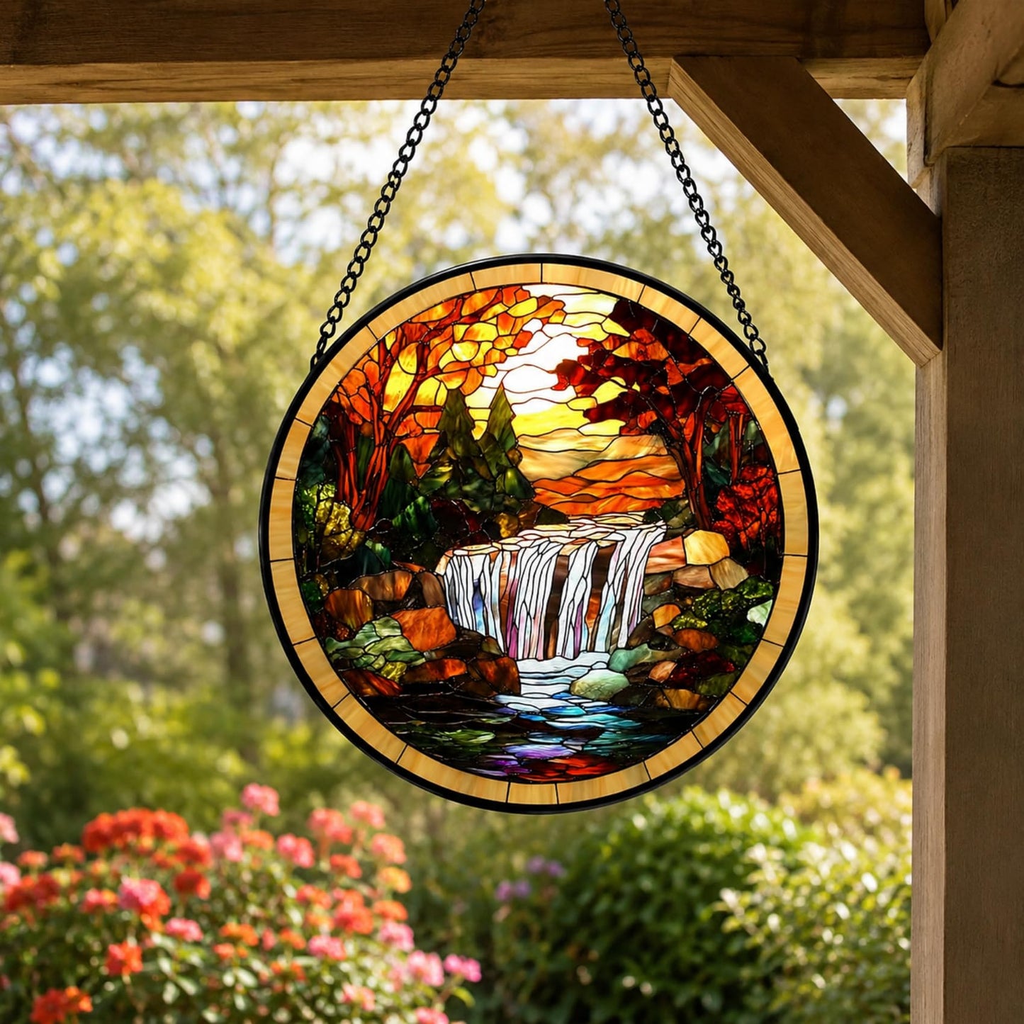 Stained Glass Window Hanging- Autumn Waterfall Design，Suncatcher for Window, for Christmas, Mother's Day and Nature Lovers