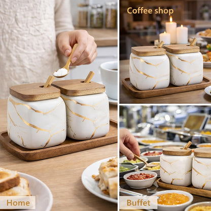 JFFLYIT 2 Sets of Marble Ceramic Sugar Bowl Ceramic Seasoning Jars with Wooden Lid and Wooden Spoon(White)