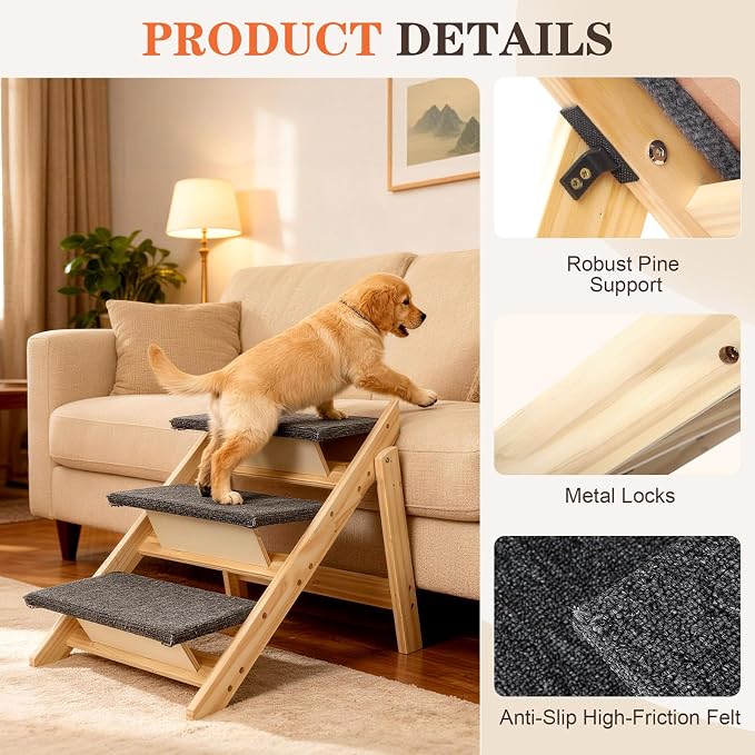 Dog Ramp,2-in-1 Foldable Pet Stairs for High Beds, 3 Steps Dog Steps | Upgraded Anti-Slip Features, Suitable for Couch, Car, Bed and Joint-Friendly Senior Durable Dog Stairs