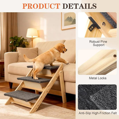 Dog Ramp,2-in-1 Foldable Pet Stairs for High Beds, 3 Steps Dog Steps | Upgraded Anti-Slip Features, Suitable for Couch, Car, Bed and Joint-Friendly Senior Durable Dog Stairs