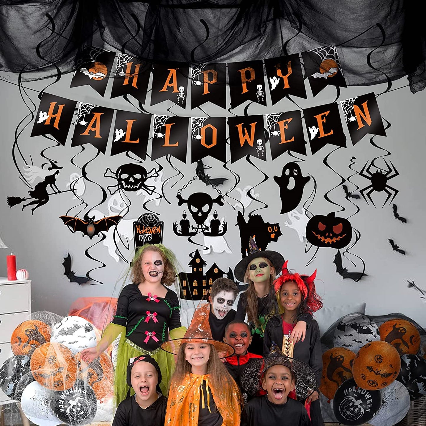 LINAYE Halloween Party Decorations Kit Indoor Outdoor | Halloween Hanging Swirl Decorations, Banner, Creepy Cloth, Balloons, Spider Web Hanging Decorations Decor Set Pack