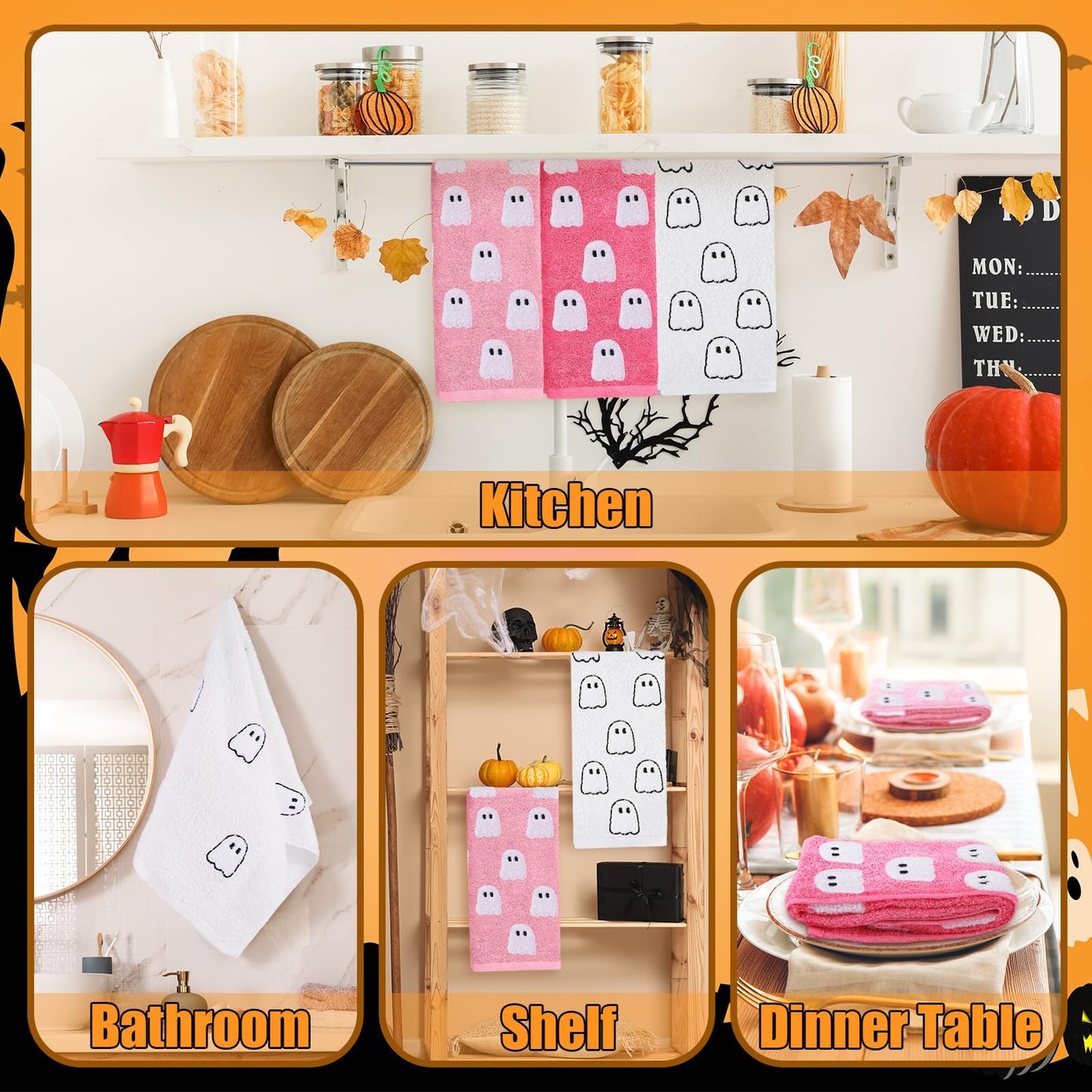 Oudain 3 Pcs Pink Ghost Hand Towels for Bathroom 100% Cotton Pink Halloween Embroidered Decorative Towels Cute Kitchen Gifts for Halloween Bath Shower Decors Housewarming 13.7 x 29.5 Inch