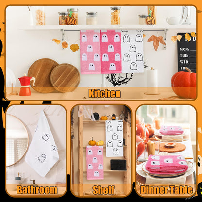 Oudain 3 Pcs Pink Ghost Hand Towels for Bathroom 100% Cotton Pink Halloween Embroidered Decorative Towels Cute Kitchen Gifts for Halloween Bath Shower Decors Housewarming 13.7 x 29.5 Inch