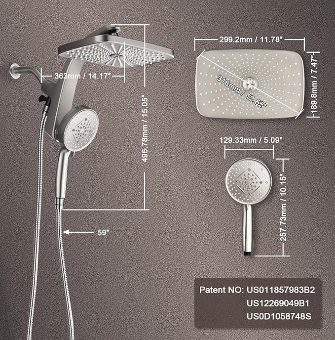 BOZYBO Rain Shower Head with Handheld: High Pressure Shower Heads with Handheld Spray Combo, 12" Rainfall Shower Head and 9 Sprays Hand Showerheads with Magnetic Docking and Power Jets, Nickel 1.8GPM