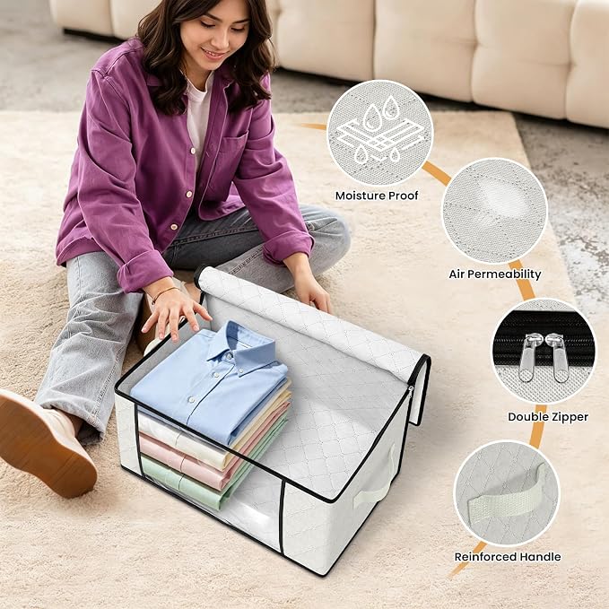 Fab totes 35L Closet Organizers and Storage, Foldable Under Bed Storage Containers, Storage bags for Organizing Bedroom, Closet, Clothing,Organization with Handle (10 Pack,Ivory)