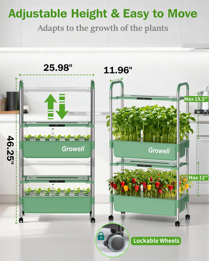 Growell Large Hydroponics Growing System Kit, 54 Pods Vertical Indoor Herb Garden Kit with LED Grow Light & Independent Water Pump, 28L Movable Indoor Planter Perfect Gardening Gifts (2 Tier-Green)