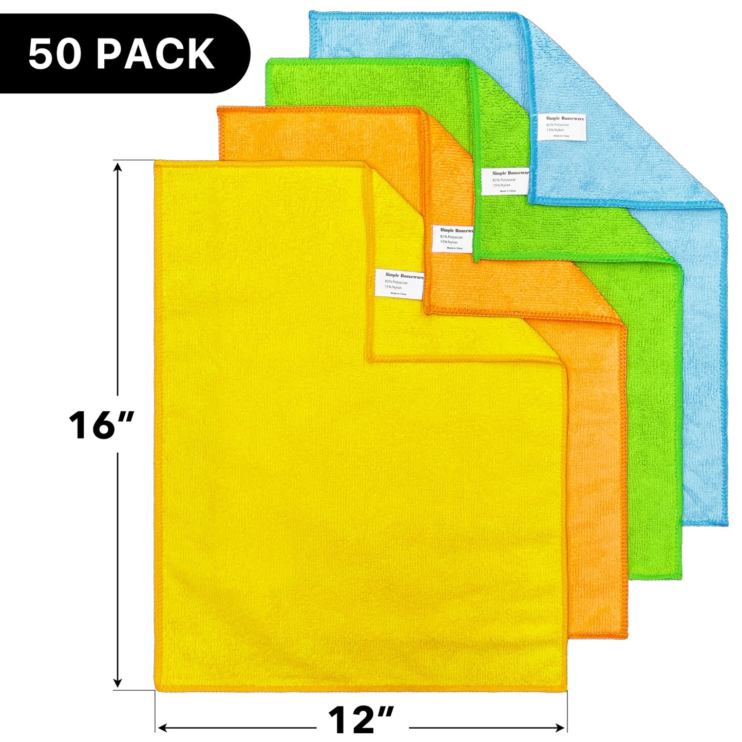 Simple Houseware Microfiber Cleaning Cloth 50 Pack, 12" x 16", 4 Colors