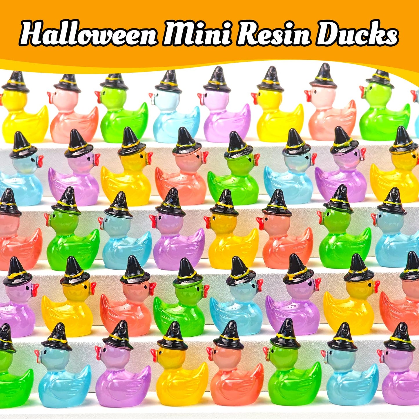 Feivando 50 Pcs Halloween Luminous Mini Resin Ducks Glow in The Dark Tiny Little Duck Figures with Witch Hat Miniature Figurines for Halloween Crafts Micro Landscape Fairy Garden Party Decor