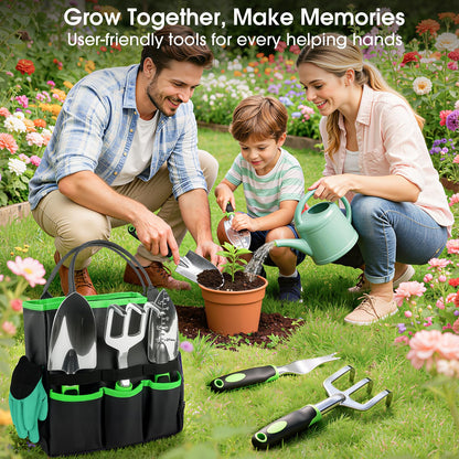 WOWBOX Garden Tools Set - 10 PCS, Heavy Duty Gardening Hand Tools Kit with Storage Tote, Rust-Resistant Gardening Supplies for Planting with Non-Slip Ergonomic Handle for Women and Men (Green)