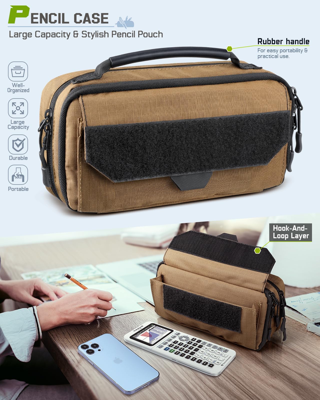 RXW Large Capacity Pencil Case Pouch for Boys, Zippered Tactical Pencil Bag Carry Handle, Small Tool Pouch for Adults (includes US Flag Patch + 2 MOLLE Straps)