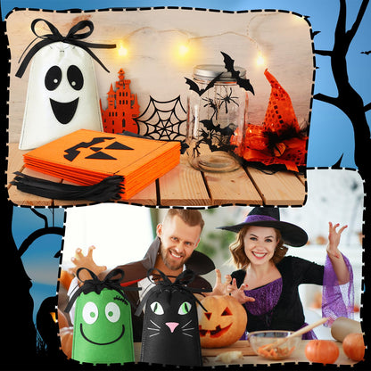 Sweetude 24 Pcs Halloween Felt Treat Bags 5 x 7'' Handmade Pumpkin Ghost Cat Monster Candy Goodie Gift Bags with Drawstrings Trick or Treat Halloween Party Favors Supplies
