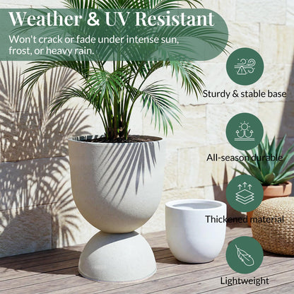 KOL Planters Flower Pots, Large Plastic Urn Planters for Indoor Outdoor Plants, Beige Pedestal Planter 2 Pack, 18 Inch+23 Inch, Decorative Planters with Drainage Holes & Plugs for Porch Garden