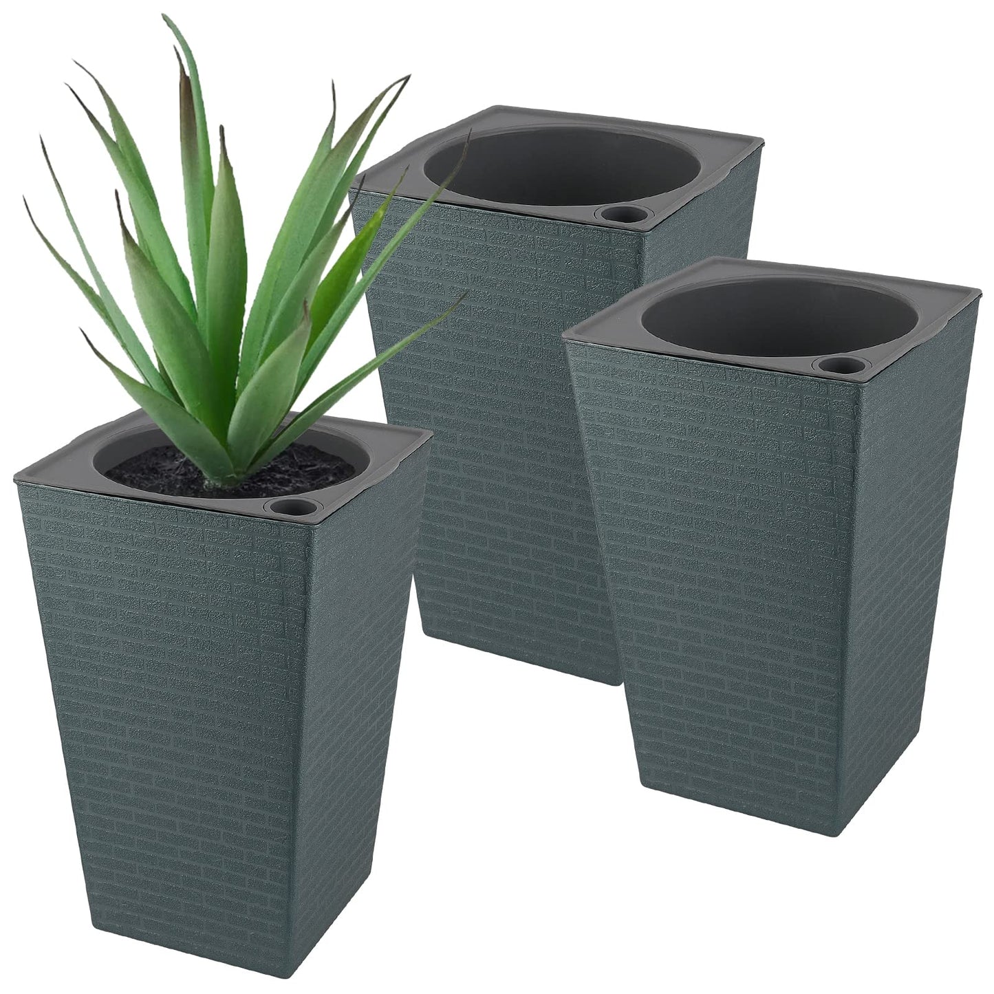 HOZEON 3 PCS Self Watering Plant Pots, 10.7x6.9 inch Square Flower Pots, Tall Self Watering Planters for Indoor and Outdoor Plants