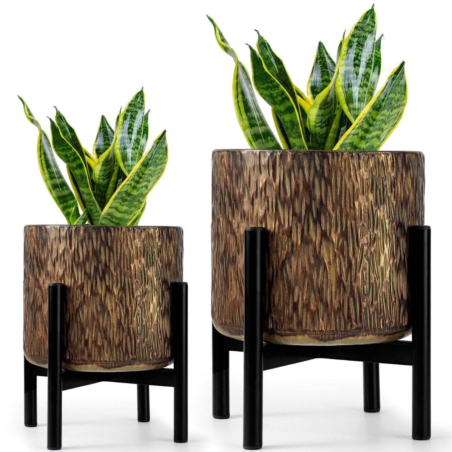 Harvest Land Plant Pots with Stand, Set of 2 Large Modern Planters Metal Tall Handmade Flower Pots with Drainage Holes Indoor Outdoor,Bronze