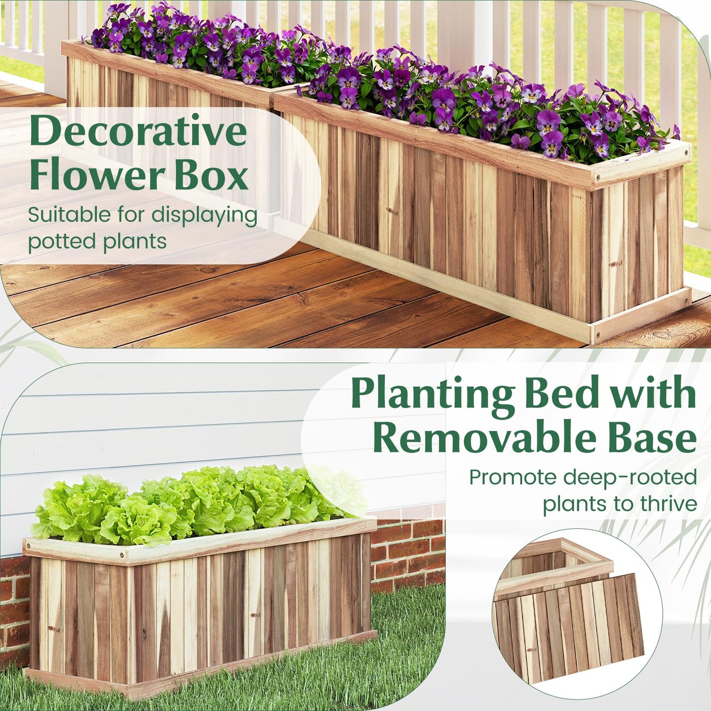 Giantex Acacia Wood Raised Garden Bed, Rectangular Planter Box w/Drainage Gaps, Floor Standing Window Mount for Flower Vegetable Herb Fruit, Outdoor Plant Container for Backyard, Lawn, 36"x12"x12"