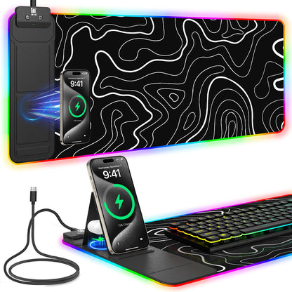 Mouse Pad with Wireless Charging, Large Desk Mat RGB Gaming Mousepad, 10 Light Colors LED Gaming Pad Keyboard Pad with Ultra-Smooth Surface & Non-Slip Rubber Base, Waterproof Full Desk Mouse Pad
