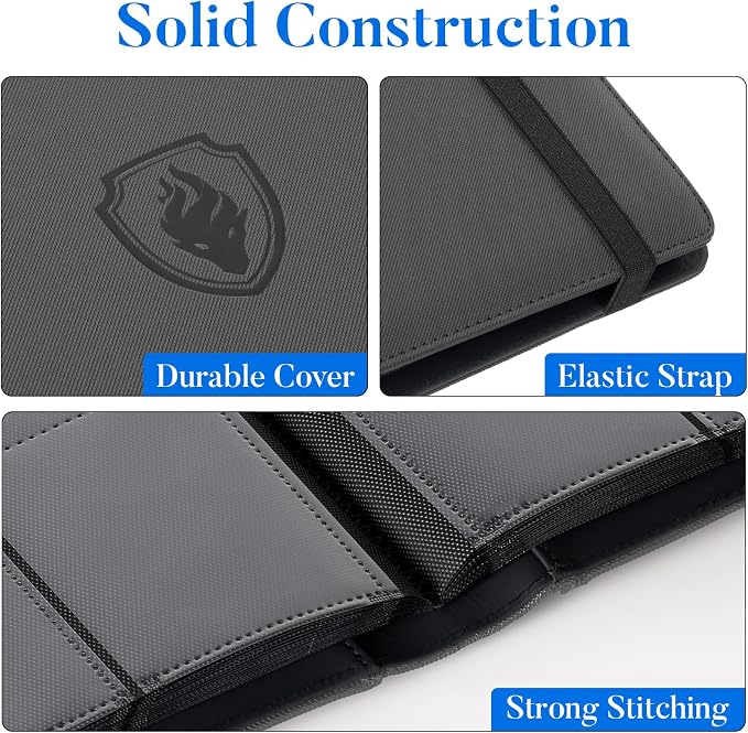 Premium 9 Pocket Card Binder for 540 Cards, Fabmaker PU Cover Trading Card Binder, Sturdy Card Collection Album, Sleek Card Holder Folders for Game Cards & Sports Cards, Grey