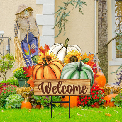 JarThenaAMCS Fall Pumpkin Metal Garden Stakes Green Orange White Pumpkin Decorative Lawn Sign Autumn Harvest Welcome Yard Sign for Thanksgiving Home Outside Lawn Porch Decor