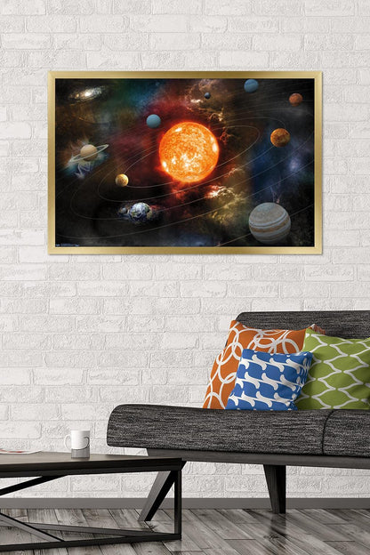 Orbiting Solar System Wall Poster, 34L" x 22.4W", Gold Framed Version