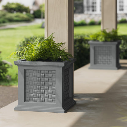 Rattan Style Outdoor Planter Box - 14.65-Inch-Square Decorative Flower or Plant Pot - Garden, Patio and Front Porch Decor by Pure Garden (Gray)