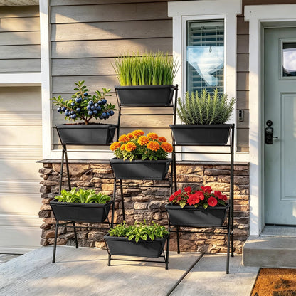 Sunexinlo 5-Tier Vertical Garden Planter with 7 Plant Boxes & Drainage Trays, Metal Freestanding Raised Bed for Herbs Flowers Vegetables, Indoor Outdoor for Patio Balcony Deck, Black