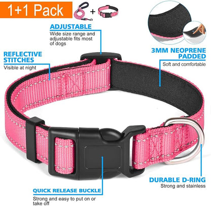 Ladoogo Reflective Dog Collar Padded with Soft Neoprene Breathable Adjustable Nylon Dog Collars for Small Medium Large Dogs (Medium (Pack of 1), Pink Collar+Leash)