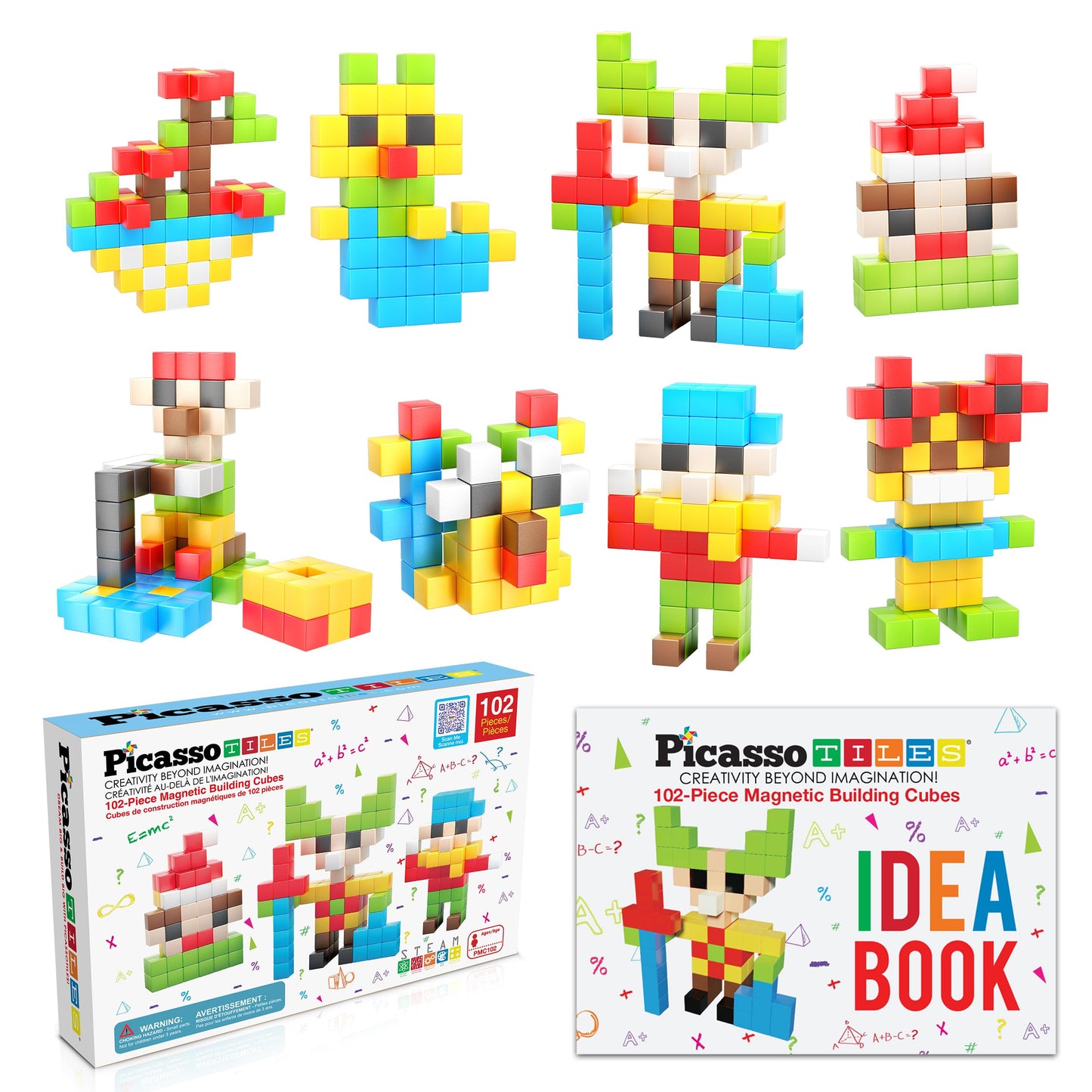 PicassoTiles 102pcs Pixel Magnetic Puzzle Cube 1” Pixel Mix & Match Toys with Ideabook STEM Education Learning Building Block Magnets Construction ToySet Stacking Creative Kit for Kids Age 3+ PMC102