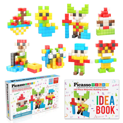 PicassoTiles 102pcs Pixel Magnetic Puzzle Cube 1” Pixel Mix & Match Toys with Ideabook STEM Education Learning Building Block Magnets Construction ToySet Stacking Creative Kit for Kids Age 3+ PMC102