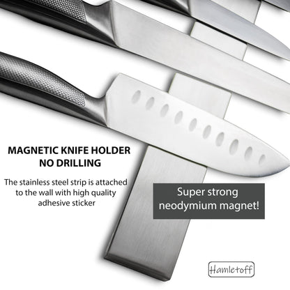 Hamletoff Premium Magnetic Knife Strip for Wall no Drilling – 12 Inch Stainless Steel Magnetic Knife Holder with Neodymium Magnet Strong Adhesive Tape - Lightweight Kitchen Magnet Knife Bar