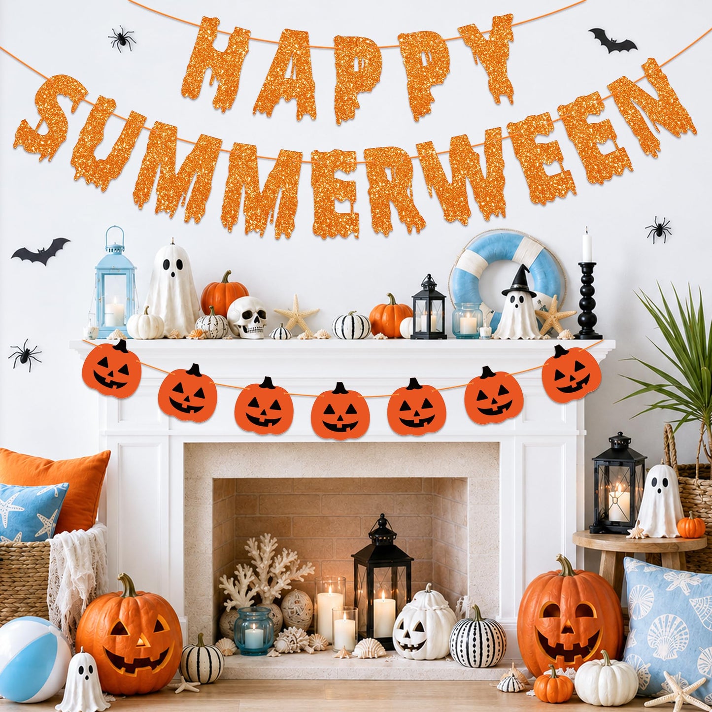 Happy Summerween Banner, Pre-Strung Summerween Party Decorations Glitter Summer Ween Hanging Banner Pumpkins Garland Halloween in Summer Decor Spooky Birthday Party Supplies for Home Office