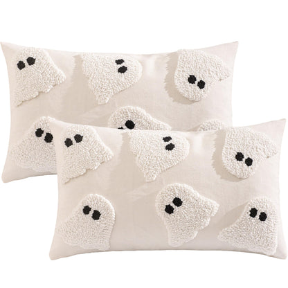 Tosleo Halloween Throw Pillow Covers 12x20 inch Set of 2 Halloween White Ghosts Embroidered Pillow Cases Thanksgiving Home Party Fall Decor Pillowcases Lumbar Cushion Covers for Spooky Season