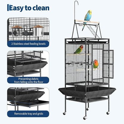 Large 82" Parrot Cage with Wheels, Play Top & Rope Perch - Spacious Flight Bird Cage for Parakeets, Cockatiels, Conures - Powder-Coated Speckled Black