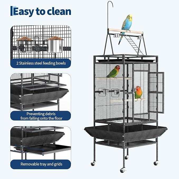 Extra Large 82" Parrot Cage with Play Top – Heavy Duty Wrought Iron Aviary, Rolling Stand, Secure Lock, Easy-Clean Removable Tray, Rope Perch – Spacious Bird Enclosure for Large Birds