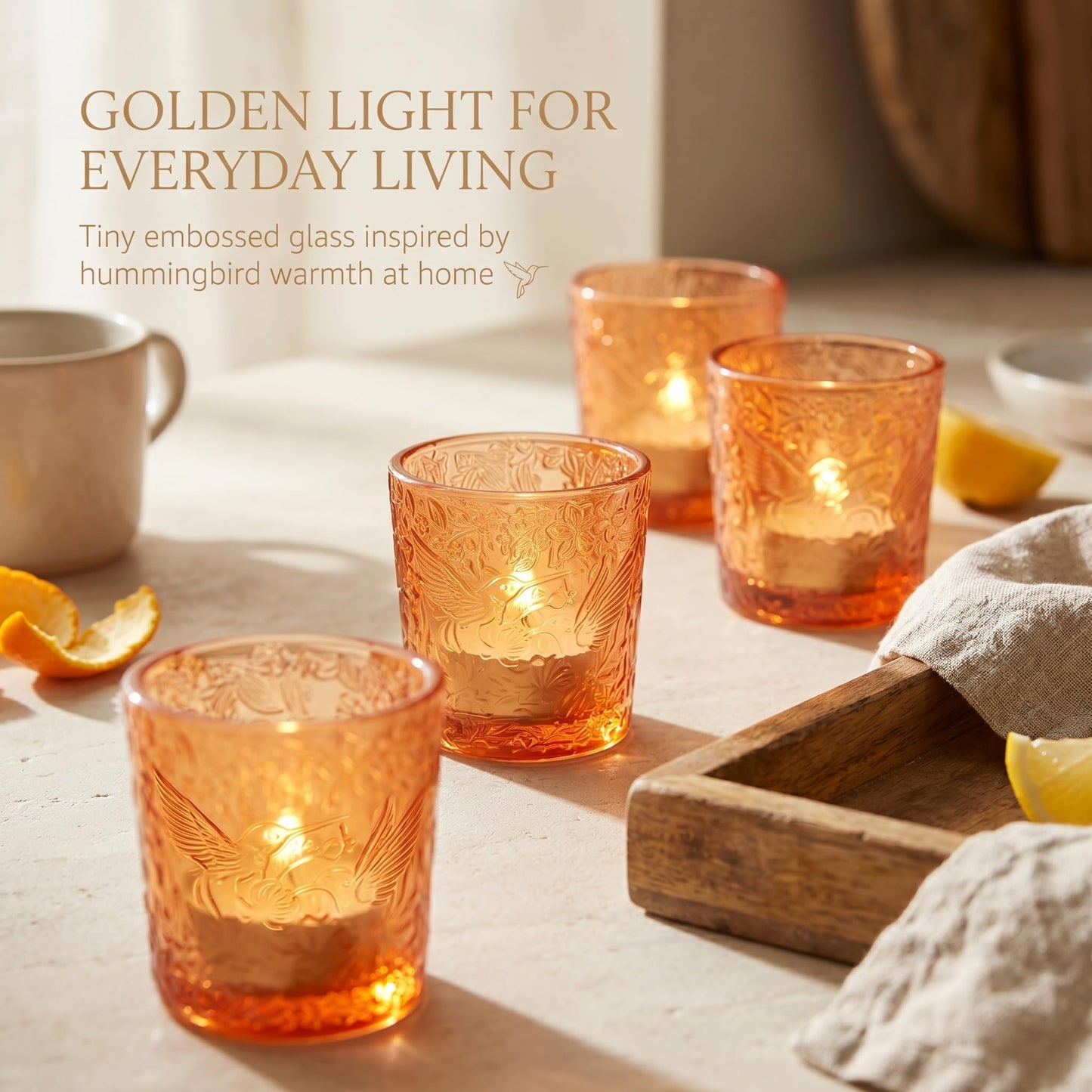 6 Pack Hummingbird Embossed Glass Candle Holders Votive Tealight Holders with Patent Design, Decorative Glass Cups for Wedding Centerpieces, Parties, and Home Decor (Pumpkin Spice)