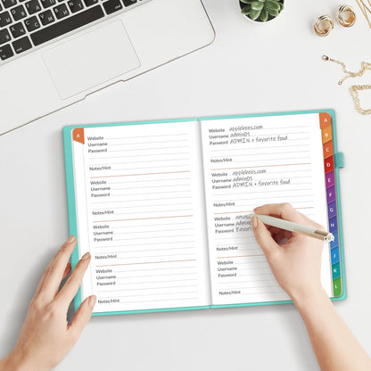 SUNEE Password Book with Colorful Alphabetical Tabs, Password Books for Seniors, Password Keeper Book for Computer and Internet Address Website Login, 5.3''x 7.7''- Aquamarine