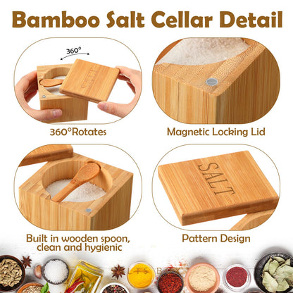Honeydak Bamboo Salt Cellar Bamboo Storage Box with Magnetic Swivel Lid Wooden Spoon Wood Spice Storage Box Salt Container for Kitchen, 6 oz
