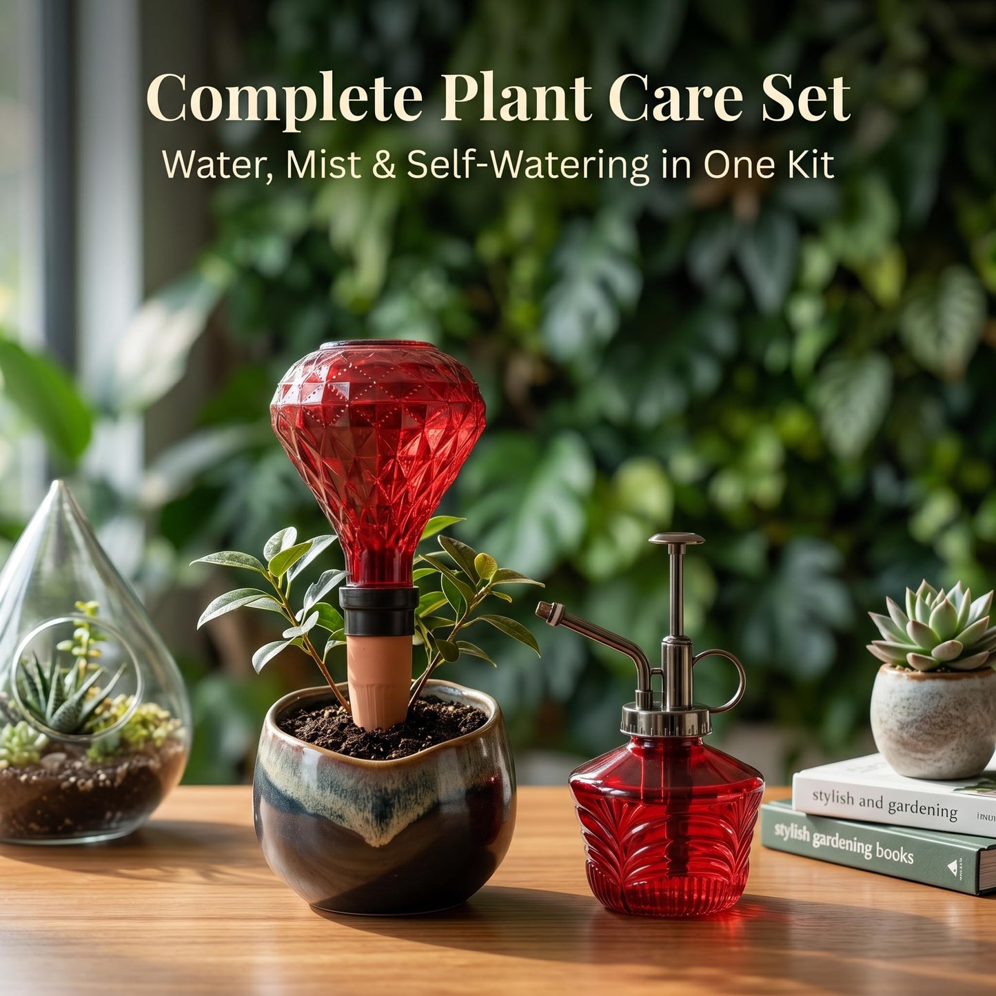 Glass Mini Watering Can Vintage Plant Mister Flower Water Spray Bottle and Faceted Glass Plant Watering Globe with Terracotta Spike,Red