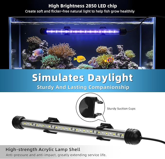 LED Submersible Aquarium Light 8W Underwater Fish Tank Light with Blue White&Blue and White Three Light Modes Timer Automatic On/Off and Dimmer Brightness Adjustable (15inch)
